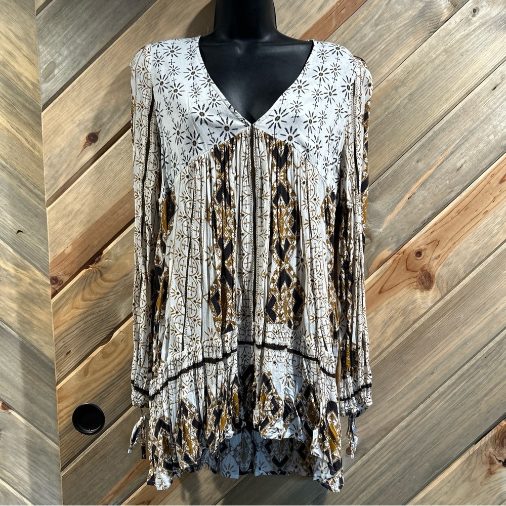 Gold Bohemian Sunflower Diamond Print Tie Cuff Ruffle Hem Tunic Mini Dress - S